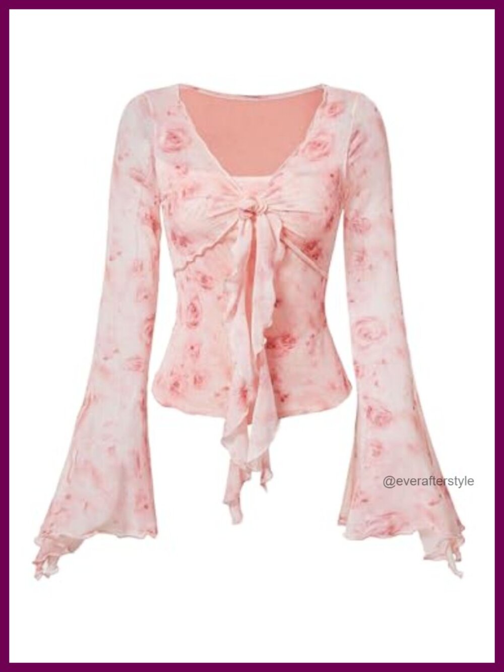 Y2K Mesh Top Bell Sleeve Floral Print Asymmetrical Hem Casual Clubwear